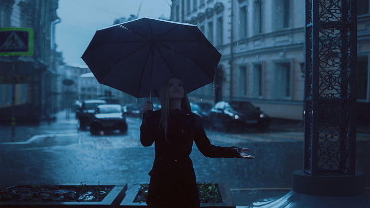 girl, umbrella, rain, park, photo, autumn, blue