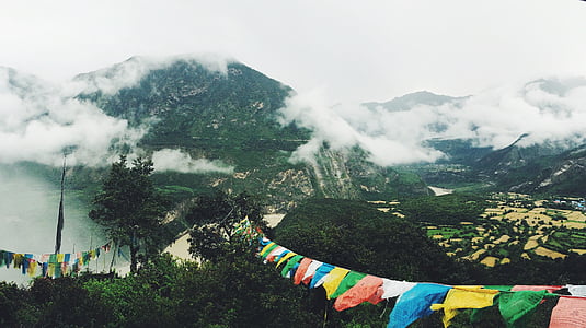 mountains, landscape, highlands, prayer, flags, wind, colorful
