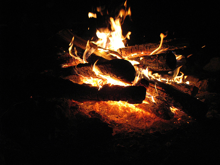 foc, flama, nit, groc, cremar, foc de fusta, calor