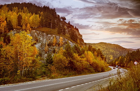 bergen, solnedgång, Road, asfalt, hösten, landskap, natt