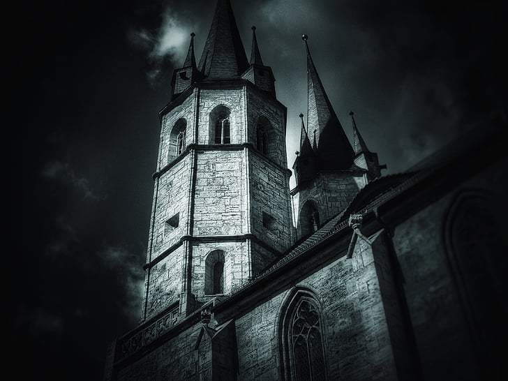 kerk, donker, 's nachts, duisternis, licht, gebouw, het platform