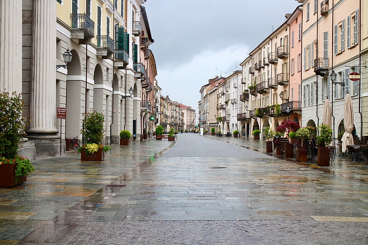 utca-és városrészlet, Via ősi, eső, burkolt, üzletek, Portici, elmélkedés