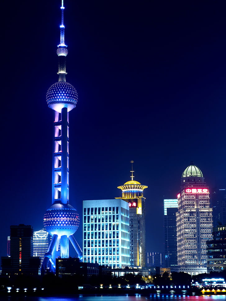 Wysoka, wzrost, budynek, noc, czas, Shanghai, Oriental Pearl, orientalna perłowa wieża tv