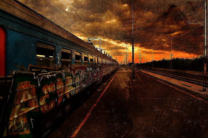 trein, Apocalyps, Dawn, einde, verlaten, stad, Verzenden