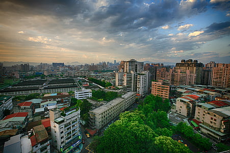 Tajvan, Taipei, város, naplemente, építési, Park, Sky
