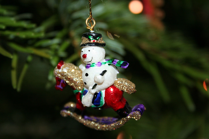 snow man, rocking horse, christmas, tree decorations