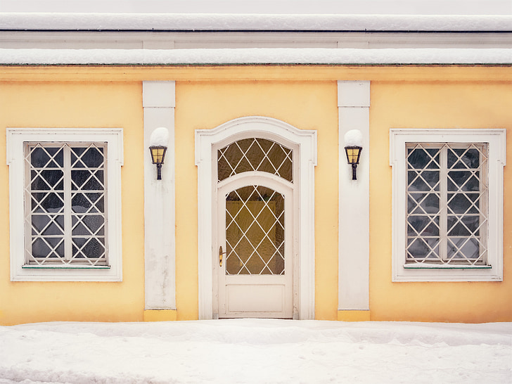 facciata, giallo, porta, Lampade, costruzione, Casa, architettura
