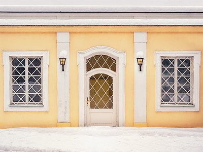 facade, yellow, door, lamps, building, home, architecture