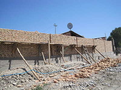 Uzbekistanas, pastoliai, mūro, plytos, darbo, statybos pramonė, statybos aikštelėje