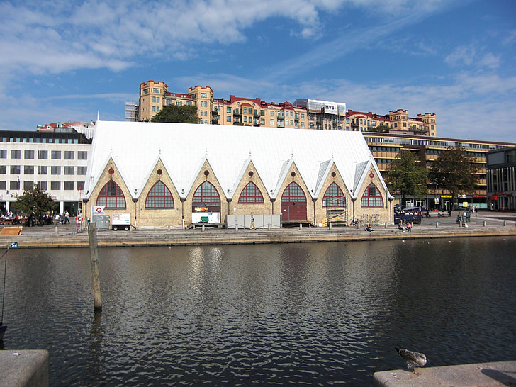 fish hall, sweden, gothenburg, downtown, architecture, buildings, roofs