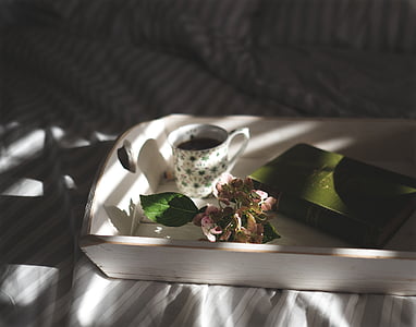 tray, tea, cup, book, bed, drink, leisure