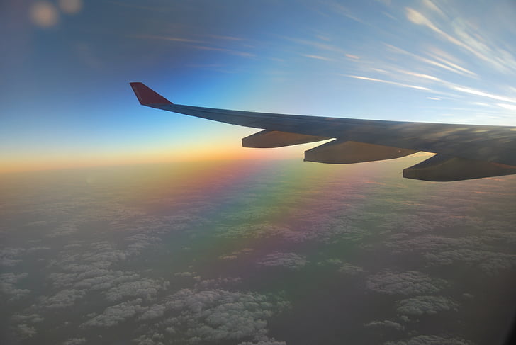 flyvemaskine, Wing, skyer, solopgang, blå, horisonten, landskab