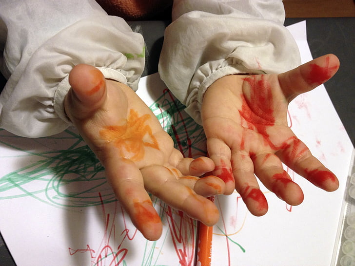 lapsi, kädet, sormet, maalaus, kämmenpuoli, koulu, väri