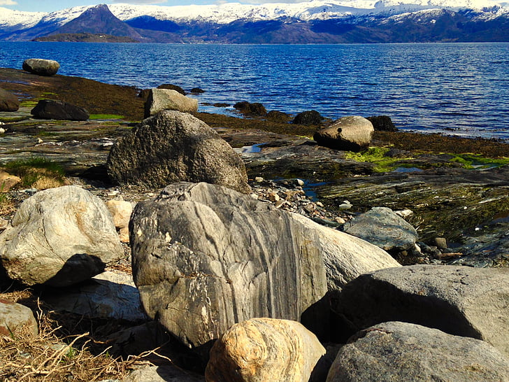 берег, воды, Норвегия, Береговая линия, спокойствие, мне?, Панорама