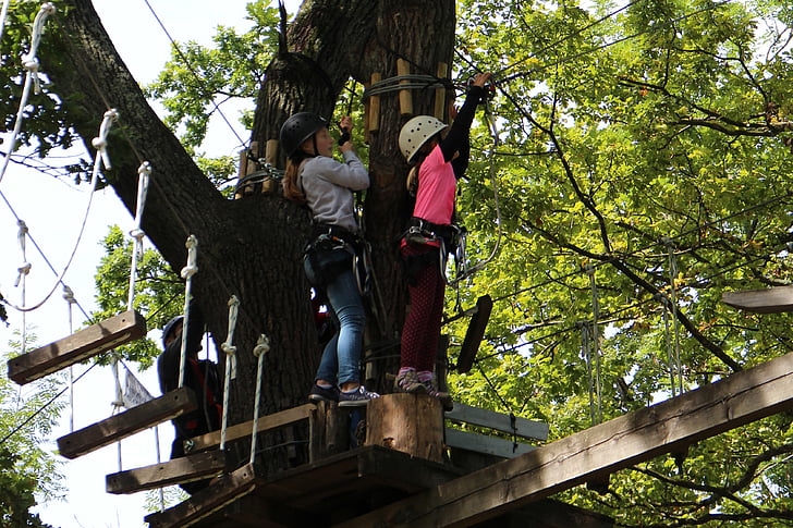 climb, children, girl, high ropes course, climbing garden, climbing forest, rope park