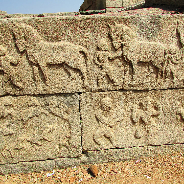 sculpture de guerriers, Hampi, Inde, statue de, maçonnerie en pierre, Pierre, sculpture