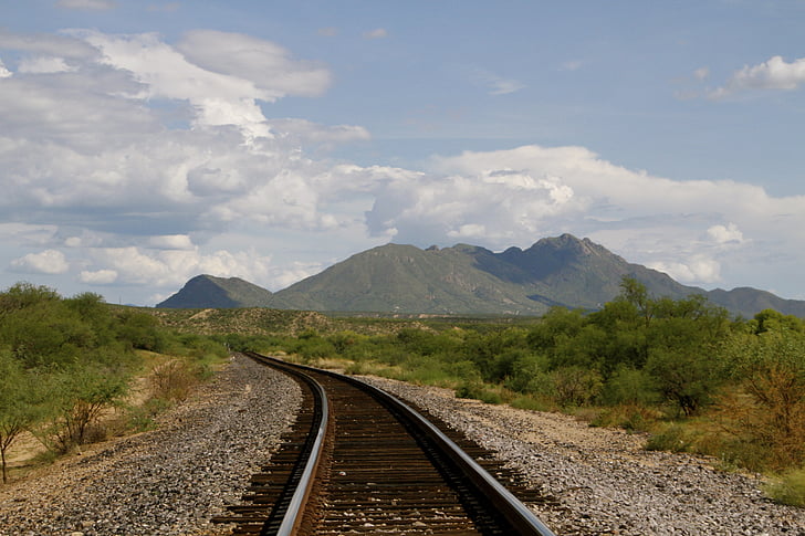 vlak, Željeznička pruga, Željeznički, vanjski, krajolik, pustinja, oblaci