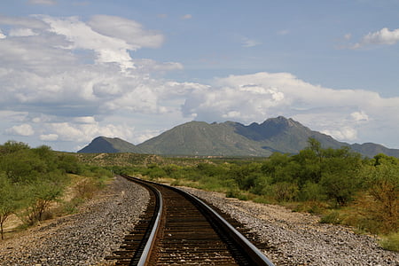 train, train tracks, railway, outdoor, landscape, desert, clouds