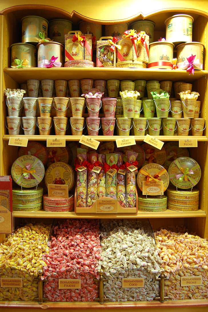 saldainiai, mielas, konditerijos gaminiai, Strasbūras, parduotuvė, spalvinga, delikatesas