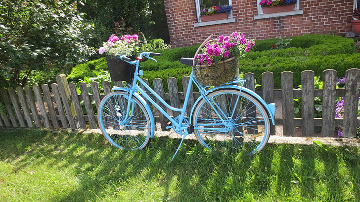 จักรยาน, ศิลปะ, สวน, ดอกไม้, สวยใสด้วย, หน้าบ้าน, artfully
