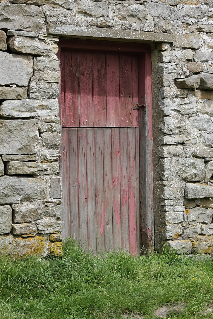 ajtó, piros, kő, ház, haza, bejárat, Front