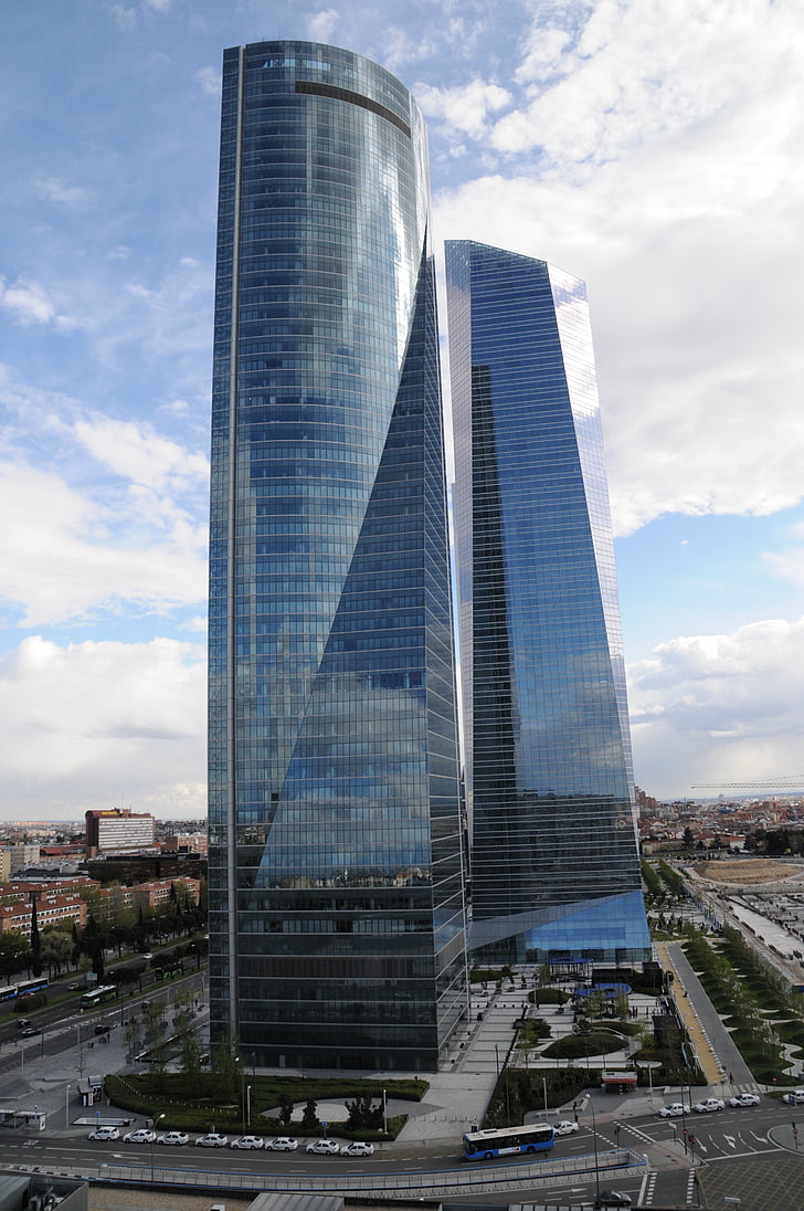 Torres, Architektura, Madrid, mrakodrap, reflexe