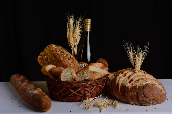cesta, pães, comida, trigo, vinho, pão, comida e bebida