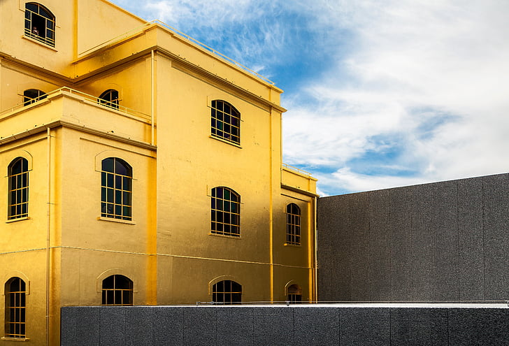 amarelo, concreto, pintado, casa, arquitetura, edifício, estrutura