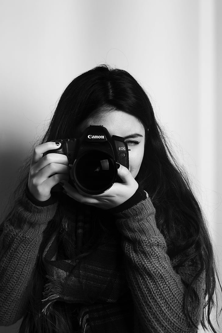 volwassene, mooie, zwart-wit, camera, Canon, DSLR, gezicht