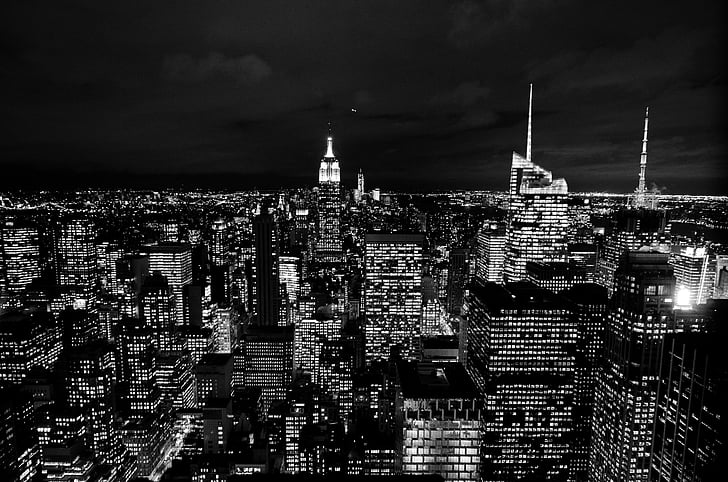grå, skala, Foto, staden, new york, mörka, natt