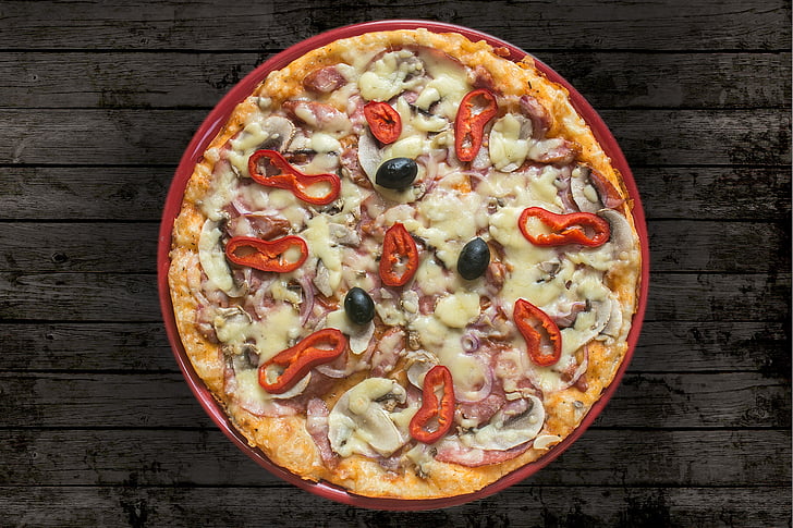 pizza, pršut, sir, Pogledaj prijatelje od vrha, matična ploča, dobra hrana, brze hrane
