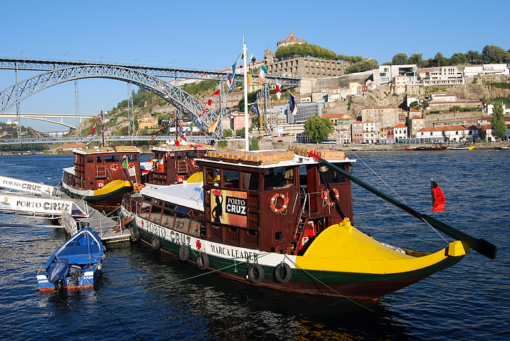 보트, oporto, 포르투갈, 강, 두에, 철 다리, 항해 선박