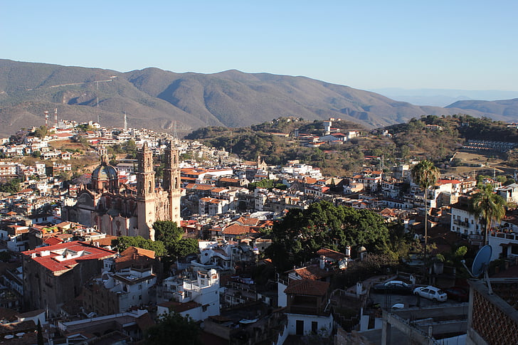 Západ slunce, Taxco, Mexiko, Perspektiva, města, Katedrála, Santa prisca