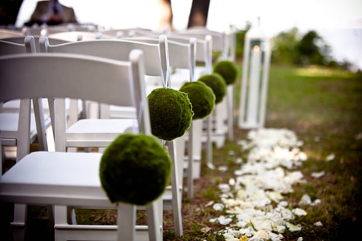 casament, d'estar, seients, cadires, blanc, decorades, a l'exterior