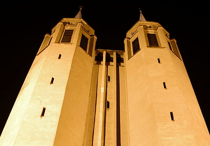 towers, tall, church, night, architecture, twilight, façades