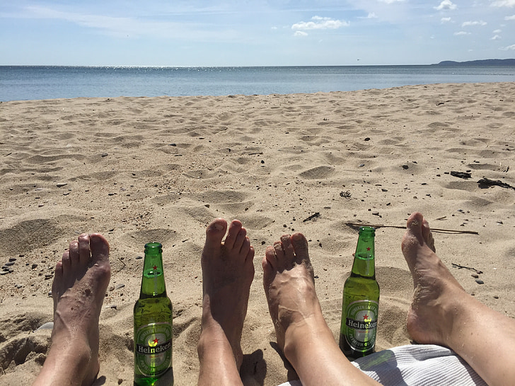 zee, strand, voeten, ontspannen, Beer, zand, fles