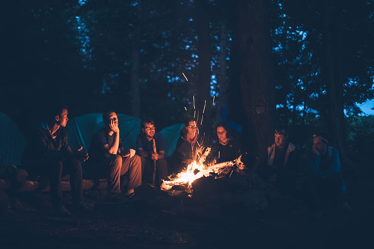 people, gathering, front, bonfire, fire, campfire, camping