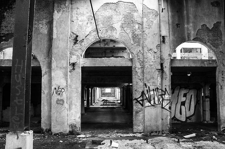 antiga fábrica de fécula, Drenthe, expirado, preto e branco, velho, abandonado, arquitetura