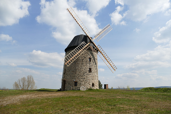 windmill, stone, flour, warnstedt, landscape, sky, clouds