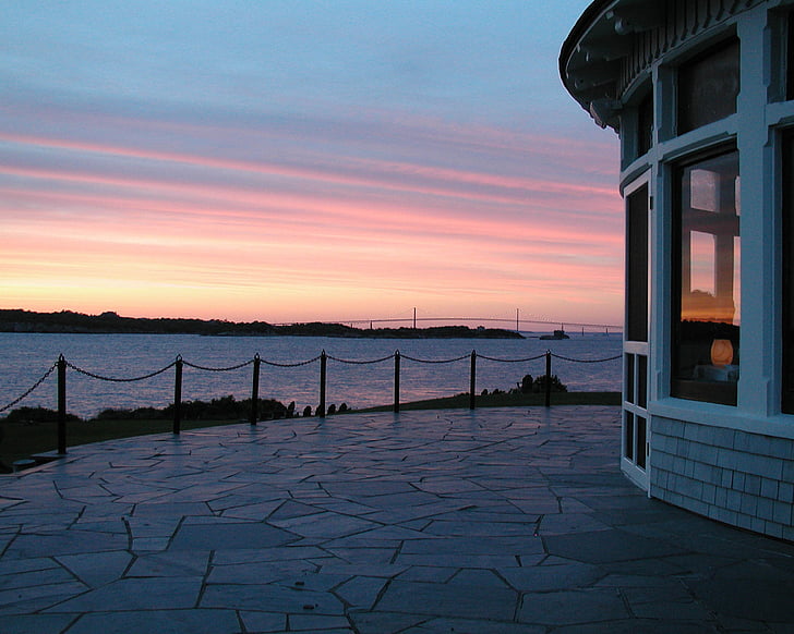 zonsondergang, Rhode island, water, zee, strand, buitenshuis