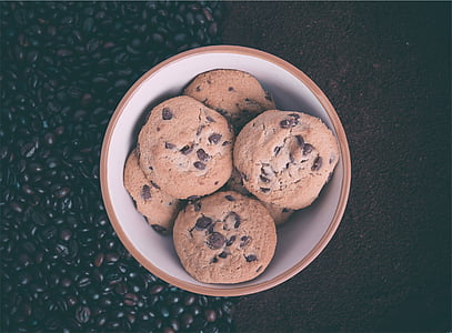 closed, photo, cookies, bowl, chocolate chip, coffee beans, snack