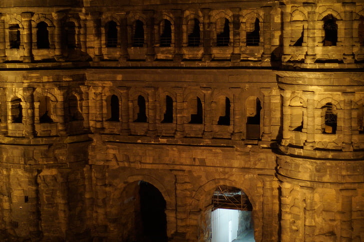 Trier, Porta, đêm, ánh sáng, xây dựng, mặt tiền, kiến trúc
