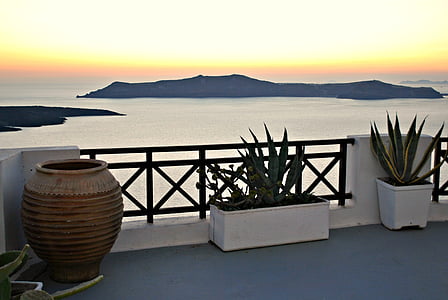 solnedgång, Santorini, helgdagar, Grekland, ön, landskap, resor