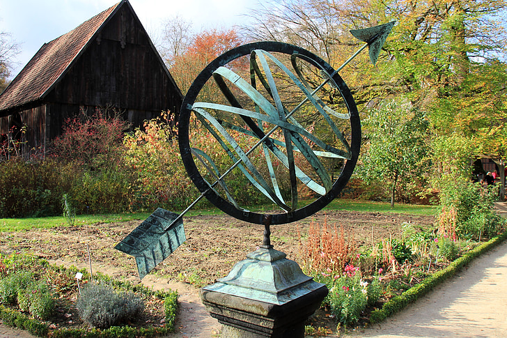 garden, clock, sundial, arrow