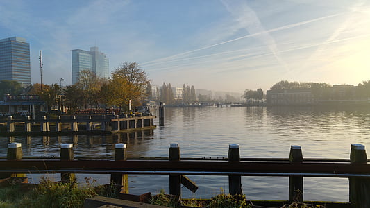 Amsterdam, oeste de Amesterdão, manhã, nevoeiro, nascer do sol, humor, no início da manhã