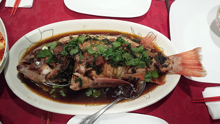 zivis, vakariņas, Ķīniešu, tvaicēti, jūras veltes, garšīgs, sojas mērce