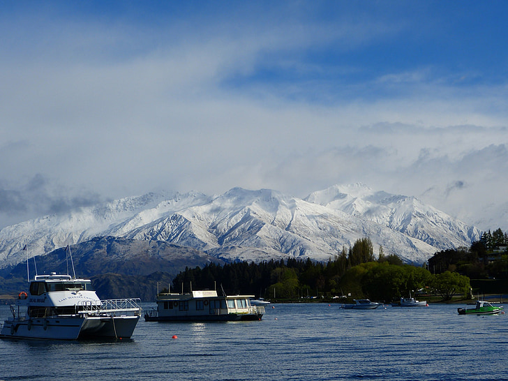 mountains, snow, otago, new zealand, lake, ships