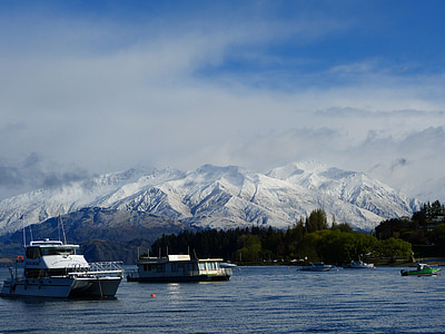 muntanyes, neu, Otago, Nova Zelanda, Llac, vaixells