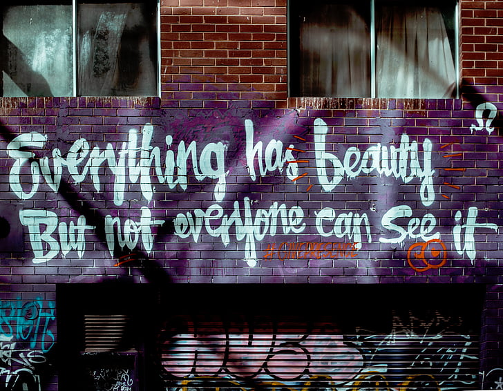 wall, art, graffiti, colors, quote, bricks