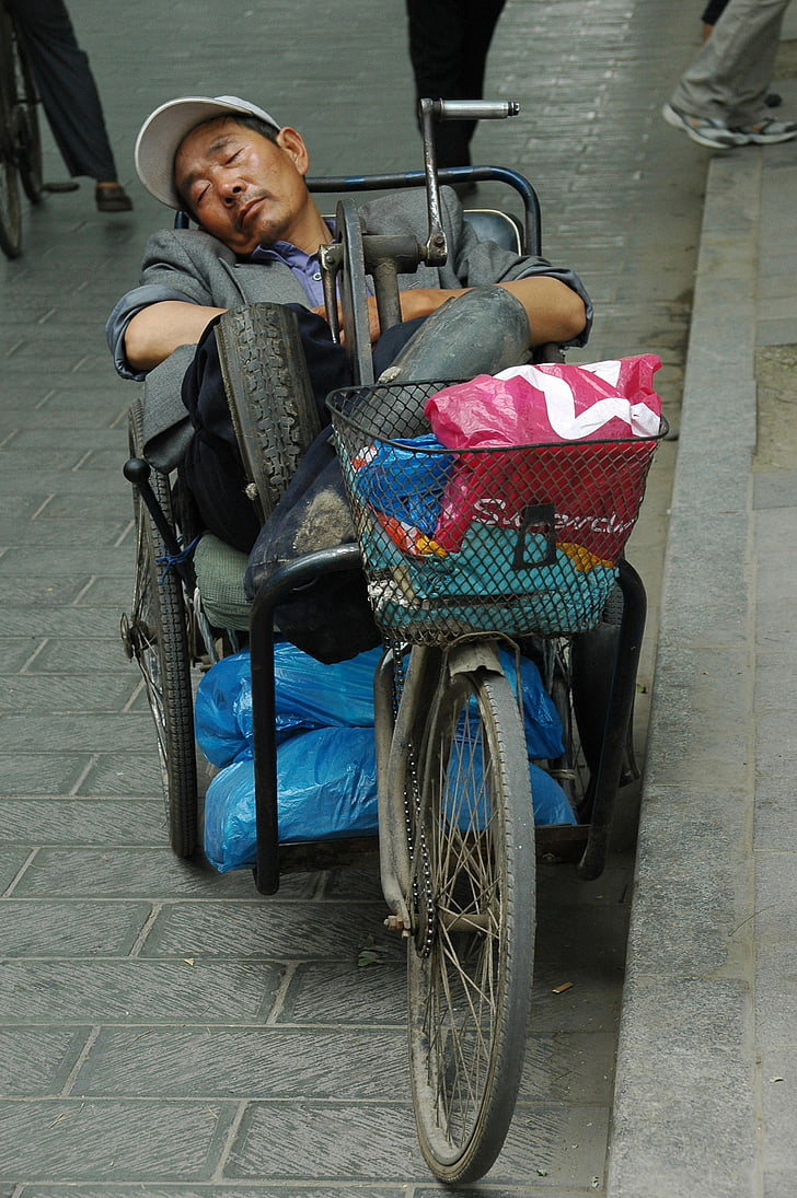 vīrietis, miegs, Ķīna, velosipēds, iela, persona